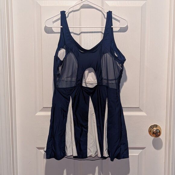 Women's Navy & White Color Block Tummy Control Swim Dress Swimsuit One Piece - Picture 4 of 9
